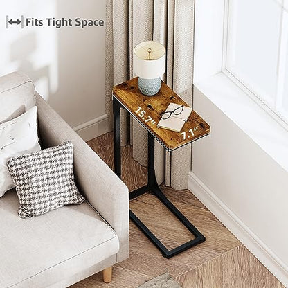 QEEIG Narrow C Shaped Side Table Set of 2 Living Room Sets Slim Couch Tray Tables Skinny Thin Small Farmhouse 7 inch Width, Rustic Brown (017-18BN) - color: A. Brown, size: 7.1" Width