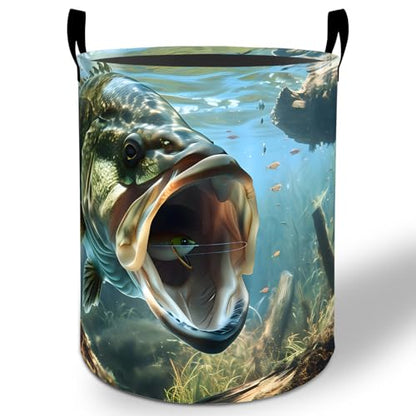 Fishing Laundry Basket Hamper 19.7"x15.8", Bass Foldable Waterproof Oxford Clothes Storage Bucket for Room Bathroom Bedroom Nursery Decor, Toy Organizer Bins Gifts for Kids Boys Girls - style: Fishing