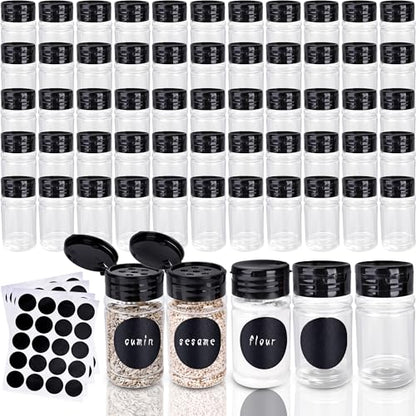 60 Pack 2.7 oz Plastic Spice Jars with Black Lids and Labels Empty Spice Bottles Clear Seasoning Shaker Containers for Kitchen Travel Camping
