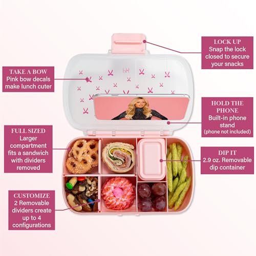 Paris Hilton 2-Pack Bento Style Snack Boxes, 7-Compartment Lunch Containers with Built-In Phone Stand, Removable Dividers and Dip Containers, Pink Bow Print - color: Pink Bow Print