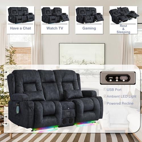 TUNYI Power Loveseat Recliner Sofa with Massage & Heat Home Theater Seating with Console RV Recliner Loveseat Sofa with USB/Storage/Side Pocket/LED Light/Speaker (Grey, Loveseat) - color: Grey, size: 2 Seat