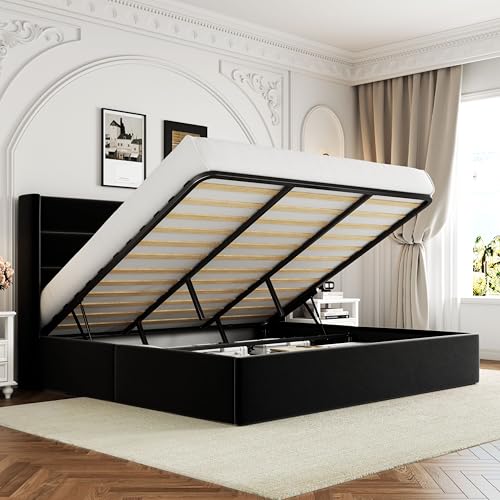 Allewie King Size Velvet Lift Up Storage Bed, Modern Wingback Headboard, Hydraulic Support, No Box Spring Needed, Black - color: Black, size: King, style: Modern