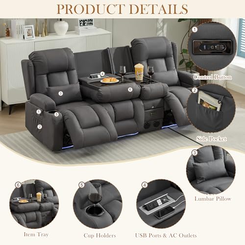 TUNYI Power Loveseat Recliner Sofa with Massage & Heat Home Theater Seating with Console RV Recliner Loveseat Sofa with USB/Storage/Side Pocket/LED Light/Speaker (Dark Grey) - color: Dark Grey, size: 3 Seat with console