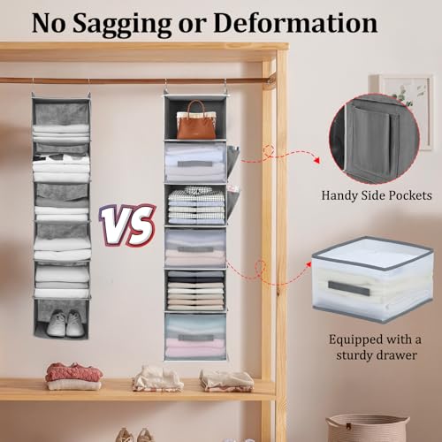 6-Tier Hanging Closet Organizer with 3 Drawers and Side Pockets – Multi-Functional Storage for Shoes, Belts, Purses, and Clothing - color: 6-shelf Black