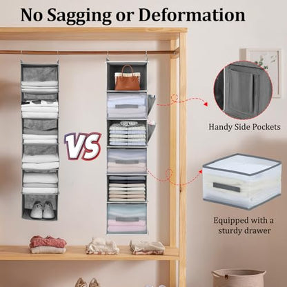 6-Tier Hanging Closet Organizer with 3 Drawers and Side Pockets – Multi-Functional Storage for Shoes, Belts, Purses, and Clothing - color: 6-shelf Black