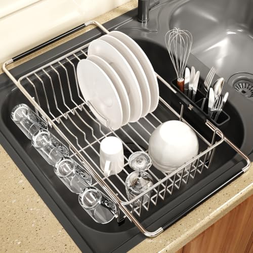 MAJALiS Dish Drying Rack Over The Sink with Adjustable Utensil Holder | Expandable Stainless Steel Dish Drainer for Small Kitchen, Apartment, RV, Counter Space Saving, Perfect Fit, Rustproof - color: Silver, size: For 11.5"-16" W Sink with Cup Holder
