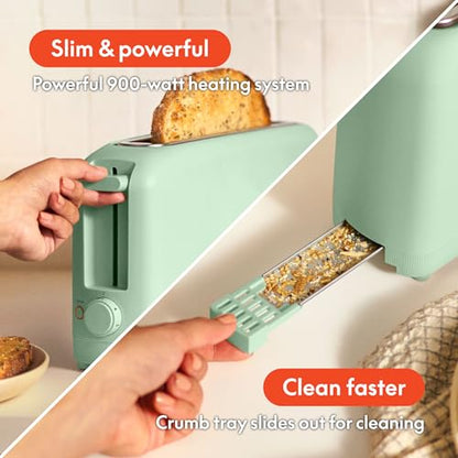 bella 2 Slice Slim Toaster, Fits-anywhere™ Kitchenware, 6 Setting Shade Control with Reheat & Cancel Buttons, Fits Sourdough, 10” Long Slot, Anti Jam & Auto Shutoff, 900 Watt, Seaglass - color: Sea Glass, size: 2 Slice