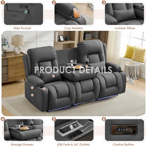 TUNYI Power Loveseat Recliner Sofa with Massage & Heat Home Theater Seating with Console RV Recliner Loveseat Sofa with USB/Storage/Side Pocket/LED Light/Speaker (Dark Grey, 3 Seat) - color: Dark Grey, size: 3 Seat