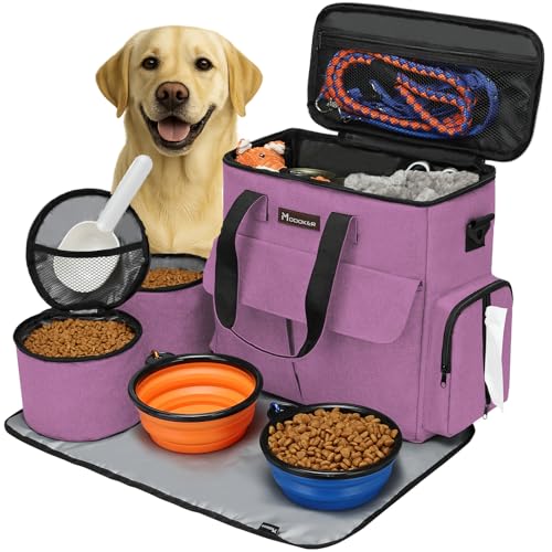 Modoker Dog Food Tote Bag, Airline Approved Pet Gear Travel Set Portable Diaper Accessories Organizer With 2 Food Storage Containers, 2 Collapsible Bowls, 1 Feeding Mat (Pink) - color: Pink