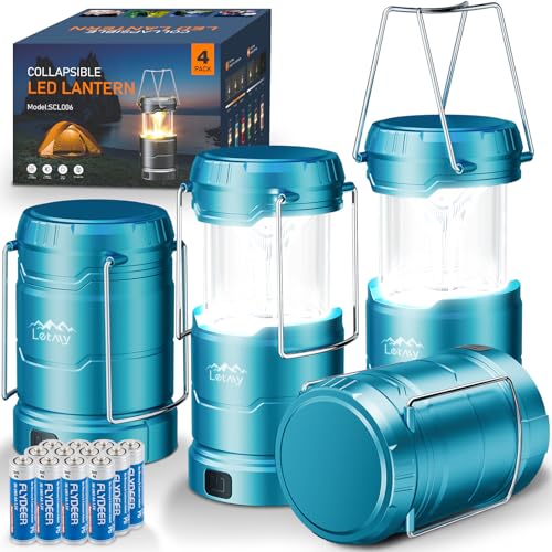 LETMY LED Camping Lantern for Power Outages, 3 Color Modes & Dimmable Battery Powered Lantern, IPX4 Waterproof & Collapsible, Lanterns Flashlight Survival Kits for Emergency Hurricane Hiking, 4 Pack - style: Turquoise-4 Pack