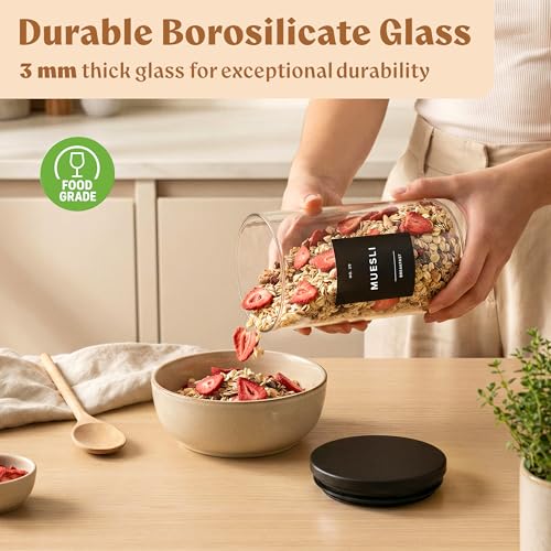 EDELHAUS Glass Storage Containers with Black Lids [Extra Thick Glas] with 54 Labels - Canister For Pantry Noodles Flour Cereal Rice Sugar Tea Coffee Beans - Round Set of 5x - color: 5 Pack - Black Lids