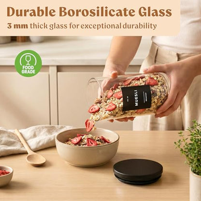 EDELHAUS Glass Storage Containers with Black Lids [4x40oz] Extra Thick Glas with 54 Labels - Canister For Pantry Noodles Flour Cereal Rice Sugar Tea Coffee Beans - Round Set - color: 4x40oz - Black Lids
