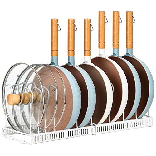 ROOHUA Pot Rack Organizer -Expandable Pot and Pan Organizer for Cabinet,Pot Lid Organizer Holder with 10 Adjustable Compartment for Kitchen Cabinet Cookware Baking Frying Rack - color: White
