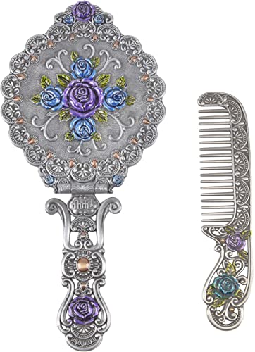 Nerien Vintage Mirror Comb Set Metal Antique Rose Style Handheld Makeup Mirror Travel Round Folding Cosmetic Mirror Women's Vanity Handle Foldable Mirrors Decorative Tabletop Mirrors Antique Pewter - color: C - Antique Pewter