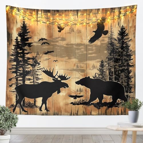 jejeloiu Moose Bear Silhouette Tapestry XLarge 70"x92" Western Cabin Wall Hanging Blanket Wood Grain Retro Wall Art for Living Room Bedroom Decoration Rustic Country Farmhouse - color: Beige Black, size: X-Large