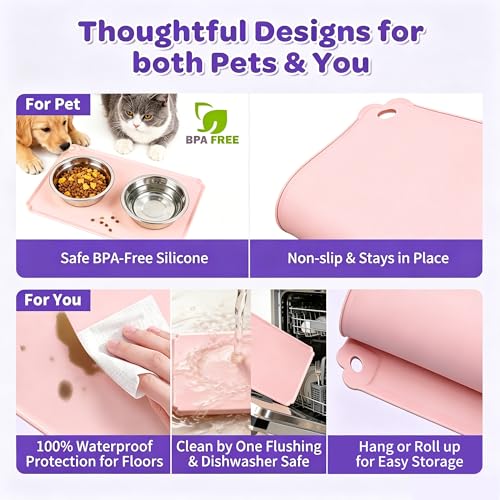 Pet Feeding Mat 12"x19" Silicone Dog Feeding Mat Pet Place Mat Waterproof Silicone Contain Spills Protects Floors Placemats for Cats and Dogs - color: Pink