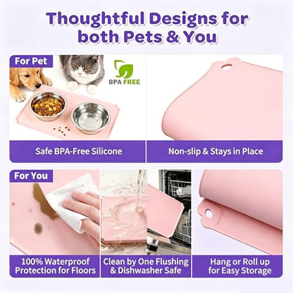 Pet Feeding Mat 12"x19" Silicone Dog Feeding Mat Pet Place Mat Waterproof Silicone Contain Spills Protects Floors Placemats for Cats and Dogs - color: Pink