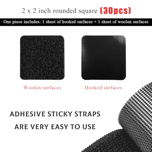Yourkar 30 PCS Hook and Loop Strips with Adhesive, 2"×2" Car Mats Self-Adhesive Tape Strip, Multi-Purpose Non-Slip Double Sided Snap Fastening Tape, Fixing Tape for Sofa Carpet - color: 30 PCS