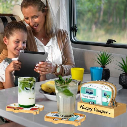 4Pcs RV Camper Coasters Set, Camper Decor, Bamboo Coasters Set Suitable for Kinds of Cups, Modern Style Coasters for Coffee Table, Camping Gifts for Camper Lovers Women Men