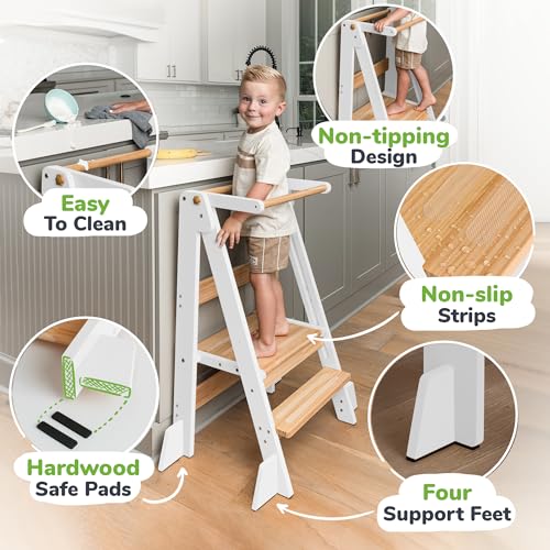 OCODILE Adjustable Foldable Toddler Tower – Folding Tower for Kids | Montessori Toddler Kitchen Step Stool Helper for Independence - White - color: 2 - White
