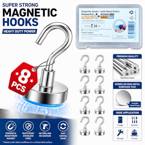 Magnetic Hooks for Cruise Cabins, Strong Neodymium Magnets | Strong Magnetic Hold | No Drill Installation | Cruise Cabin Essential | Includes Adhesive Metal Plates - size: 8 Pack with Metal Plates