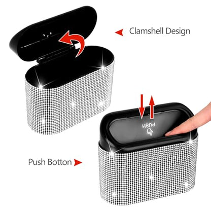 NBTEPEM Bling Car Trash Can with Lid - 2 Pack, Mini Auto Garbage Can with 60 Trash Bags, Automotive Garbage Container Bin, Bling Car Accessories Trash Can for Women (Silver Diamond) - color: Silver Diamond