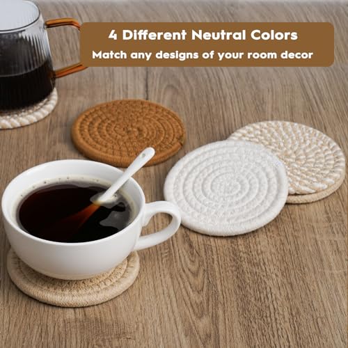 8 Pcs Drink Coasters with Holder, Boho Minimalist Cotton Woven Coasters Set for Drinks Absorbent Coffee Table Home Decor Bar Tabletop Protection, Suitable for Kinds of Cups 4.3 Inch
