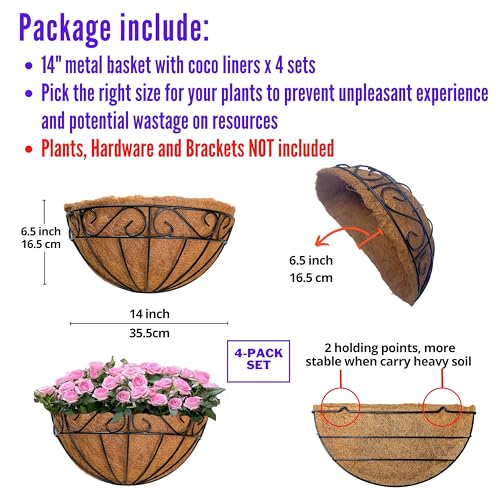 LaLaGreen Outdoor Wall Planters, 4 Pack, 14 Inch Large Balcony Planter Railings Hanging, Rail Flower Basket with Coco Liner English Horse Trough Black Metal Wire Succulent Pot Holder Deck Porch Garden - size: 14" (35.5cm) x 4 Pack