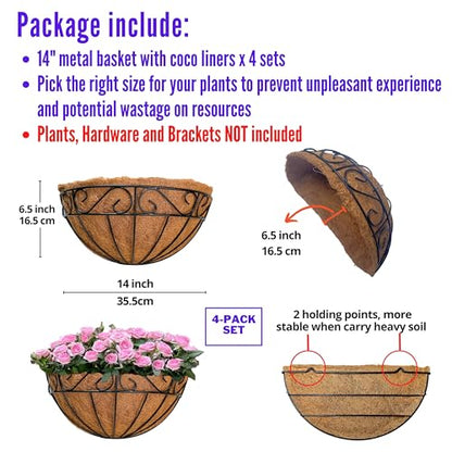LaLaGreen Outdoor Wall Planters, 4 Pack, 14 Inch Large Balcony Planter Railings Hanging, Rail Flower Basket with Coco Liner English Horse Trough Black Metal Wire Succulent Pot Holder Deck Porch Garden - size: 14" (35.5cm) x 4 Pack