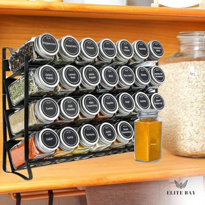 ELITE BAY-Spice Jar Rack Organizer with KEEP – 4-Tier Organizer with 28 Empty Bottles, 180 Waterproof Labels (55 Blanks) & Funnel| Space-Saving Spice Storage for Kitchen Counter or Cabinet.