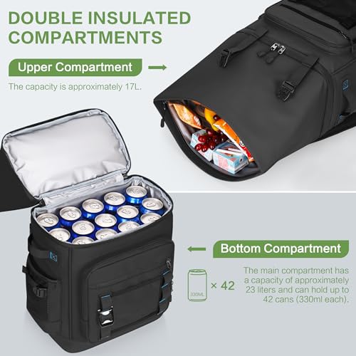 42 Can Backpack Cooler,40L Insulated Double Decker Leakproof, Waterproof Travel Cooler Backpack for Beach Camping Picnic Travel - color: black