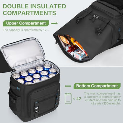 42 Can Backpack Cooler,40L Insulated Double Decker Leakproof, Waterproof Travel Cooler Backpack for Beach Camping Picnic Travel - color: black