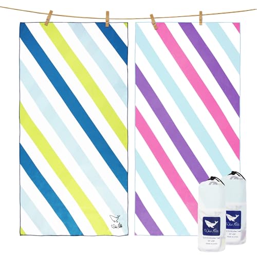 Whale Flotilla 2 Pack Large Quick Dry Beach Towel (30"x60"), Microfiber Sand-Free Beach Towel Set, Super Absorbent Compact Pool Travel Accessories, Green and Pink - color: Green/Pink, size: 60.00" x 30.00"