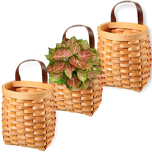 Yinkin 3 Pack 6 Inch Small Wall Hanging Basket Woven Wood Storage Basket Hanging Rope Organizer Flower Plants Vegetable Wall Decoration for Porch Living Room Bedroom Home(Brown) - color: Brown