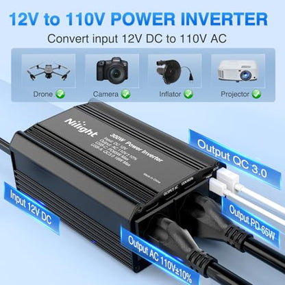 Nilight 300W Power Inverter 12V DC to 110V AC Car Converter with PD 65W USB C & QC3.0 for Phones Tablets Laptop Computer Game Console Kindle iPad DVD Players Black - color: 300W USB+PD 110V Outlet*2