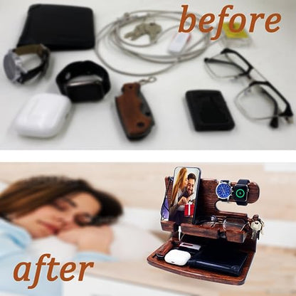 VEIYAILU Gifts for Men Women Dad Husband Boyfriend Wood Phone Docking Station Nightstand Organizer for Men Birthday Gifts (Dark Brown) - color: dark brown