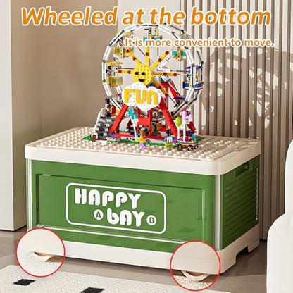 21L 22 Qt Folding Storage Box with Large Building Block Lid, Collapsible Toy Organizer Compatible with Duplo Blocks, Push Pull Storage Bin with Quiet Wheels(2pc-red+green) - color: Red+Green