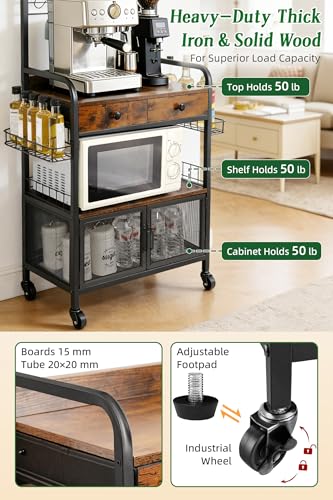 Rolling Coffee Bar Cart for Small Spaces, Coffee Station Cabinet with Storage, Apartment Coffee Nook, Side Syrup Rack, Tea Pod Drawer, Magnetic Doors, Lockable Wheels, Rustic Brown - color: Black & Brown