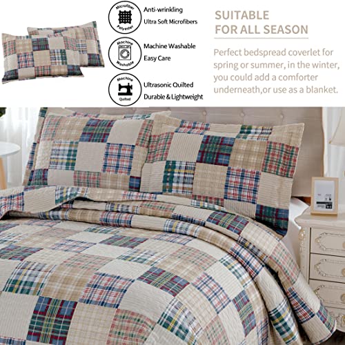 Quilt Set Queen Size Plaid Bedspread Coverlet Queen Quilts Patchwork Bedding Mens Plaid Collection Quilt Bedspread Lightweight Reversible Quilt Bedding Set Queen Bedspread with Pillow Shams,Beige - color: Beige Plaid, size: Full/Queen