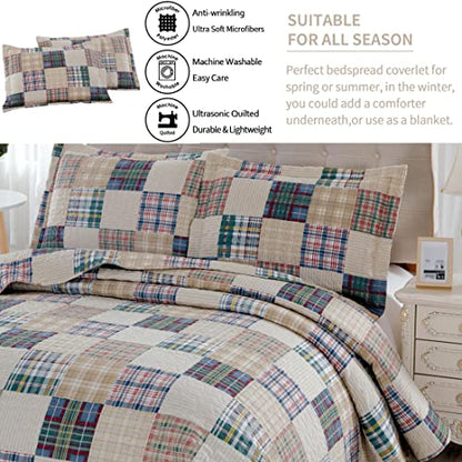 Plaid Collection King Size Quilt Set - Lightweight Reversible Bedspread with Pillow Shams, Beige - color: Beige Plaid, size: King