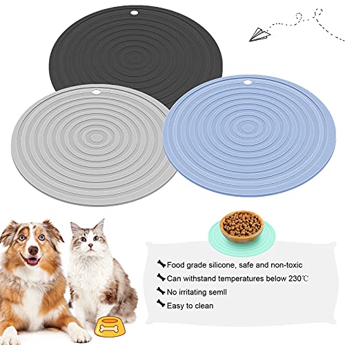 3 Pieces Silicone Pet Food Mat Feeding Mat for Dog and Cat Bowl Placemat Preventing Food and Water Overflow Suitable for Medium and Small Pet(7.1 Inch,Blue, Gray, Black)