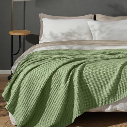 PHF Pre-Washed 100% Cotton Waffle Weave Blanket Queen Size for Bed,Snag Proof Throw Blanket for Couch Spring Summer Lightweight Breathable,Machine Washable, Home Decor Gift - Loden Green - color: Loden Green, size: Queen(90" x 90")
