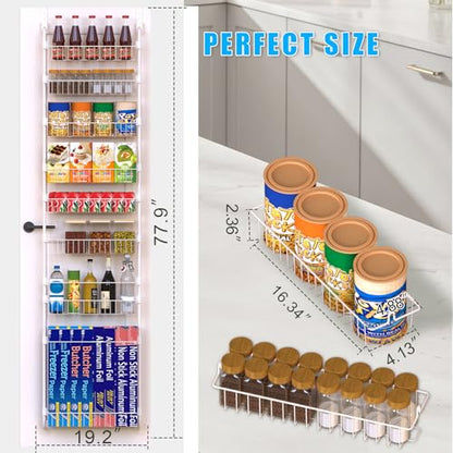 White Over the Door Pantry Organizer 8 Tier, Adjustable Basket Pantry Door Organizer and Storage, Heavy Duty Metal Kitchen Hanging Spice Rack (D5xW19xH50 Inches)