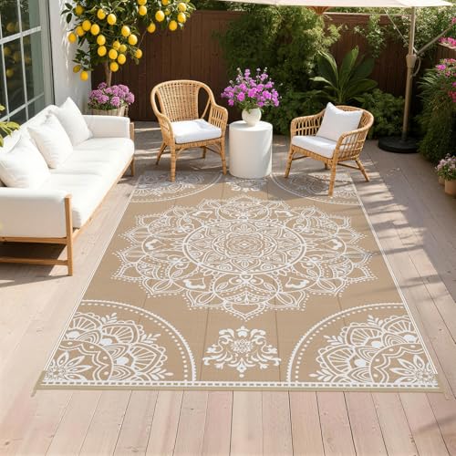 Pauwer Waterproof Outdoor Rug 5x8, Reversible Plastic Straw Patio Camping Rug, Indoor Outdoor RV Mat Carpet for Deck, Camper, Porch, Balcony, Backyard, Picnic, Floral Brown - color: Floral Brown, size: 5' x 8' (Rectangular)