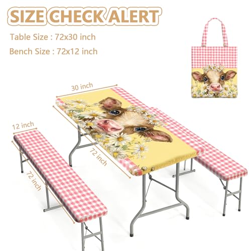Picnic Table Cover with Bench Covers Elastic Edges, Outdoor Patio Camping Essentials 72 Inch 3PCS, Waterproof Camping Fitted Tablecloth with Handbags (Pink check daisy cow) - color: Pink checkered cow, size: 72" x 30" (Rectangular)