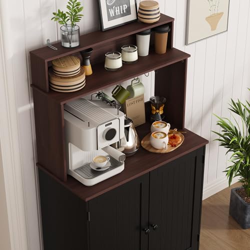 MHOM Farmhouse Coffee Bar Cabinet with Storage, Rustic Buffet Cabinet with 5 Hooks, Small Coffee Station Cabinet for Kitchen & Dining Room, Antique Black - color: Black