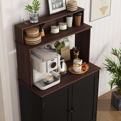 MHOM Farmhouse Coffee Bar Cabinet with Storage, Rustic Buffet Cabinet with 5 Hooks, Small Coffee Station Cabinet for Kitchen & Dining Room, Antique Black - color: Black