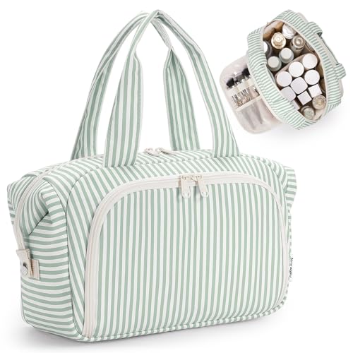 Narwey Travel Toiletry Bag for Women, Wide Open Large Makeup Bag, Cosmetic Bag Make Up Organizer with Handle, Wet Pocket for Towel, Travel Bag for Toiletries, Brushes, Essentials (Mint Green Stripe) - color: Y-Mint Green Stripe