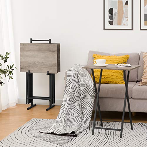 HOOBRO Folding TV Tray Tables, Set of 4 TV Trays with Storage Rack, Industrial Side Table for Eating at Couch, Foldable Snack Table for Small Space, Easy Assembly, Greige and Black BG50BZ01 - color: Greige + Black