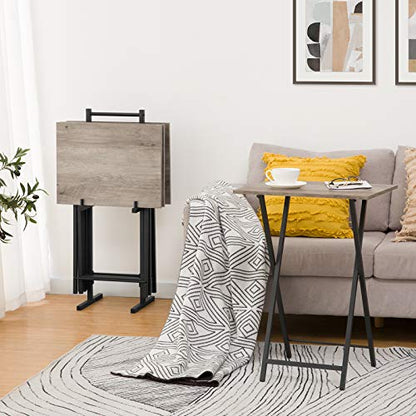 HOOBRO Folding TV Tray Tables, Set of 4 TV Trays with Storage Rack, Industrial Side Table for Eating at Couch, Foldable Snack Table for Small Space, Easy Assembly, Greige and Black BG50BZ01 - color: Greige + Black